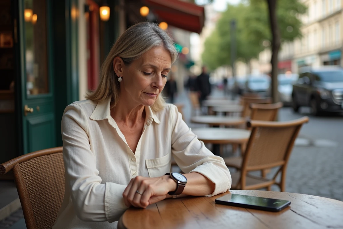 Femme à Paris vérifiant l'heure sur sa montre et son téléphone affichant deux fuseaux horaires, Paris et La Réunion