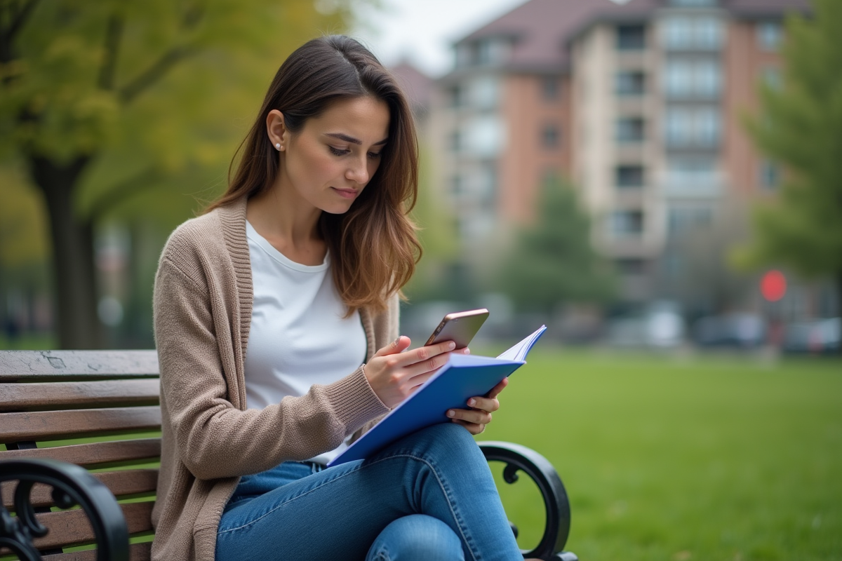Jeune femme en ville consulte son livret A sur un banc