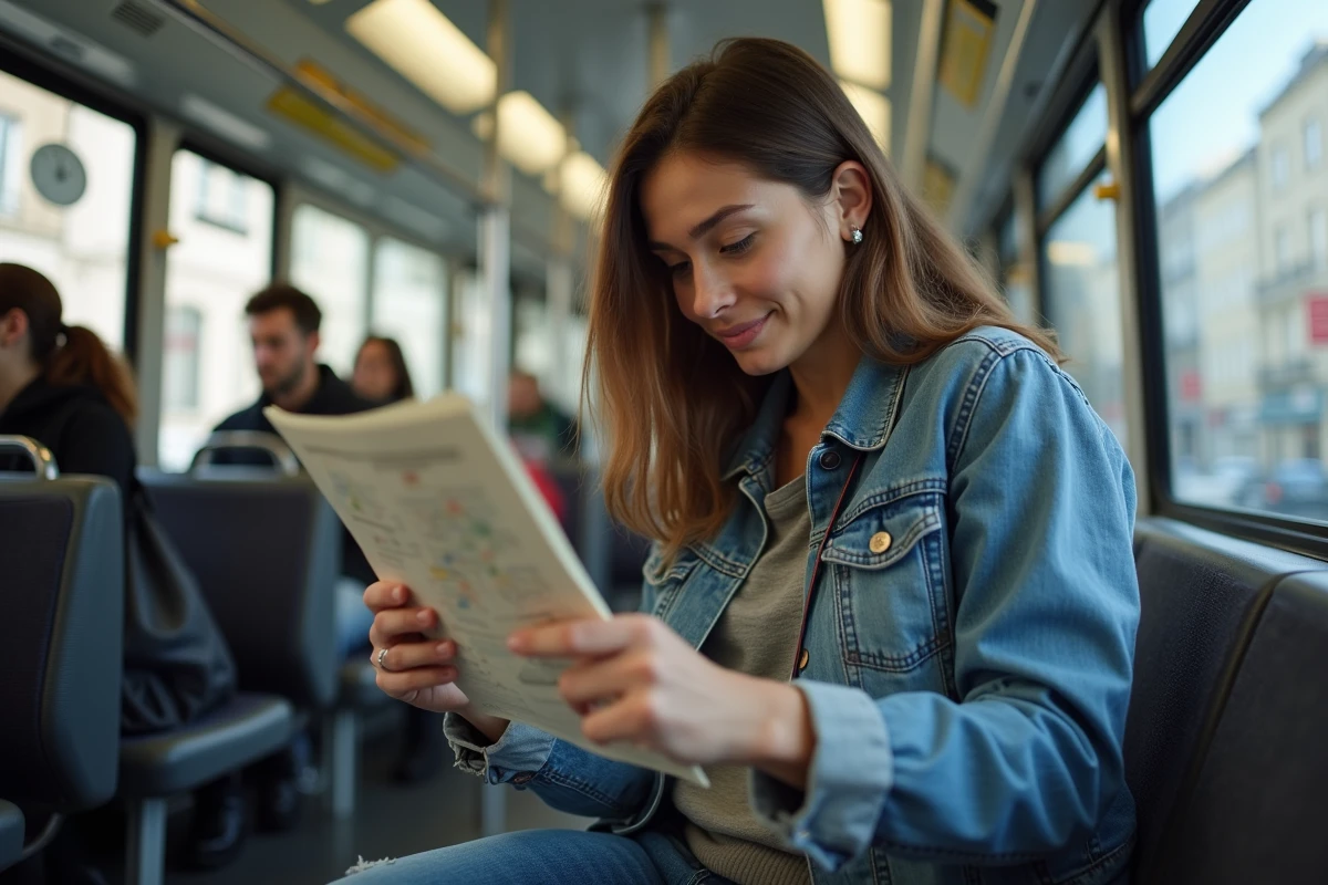 Femme consultant un plan du tram de Bordeaux à l'intérieur d'un tramway avant un concert