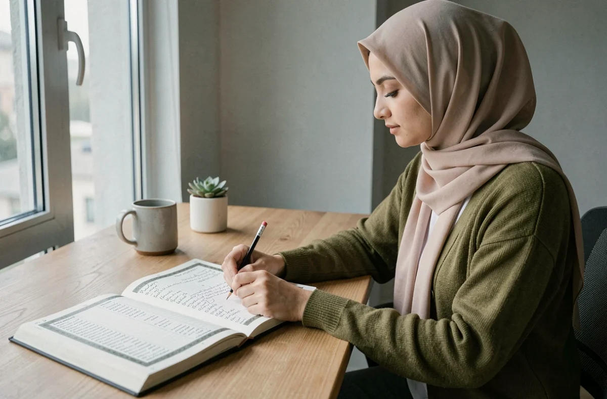 Femme musulmane organisant sa lecture quotidienne du Coran avec un planning et les sourates