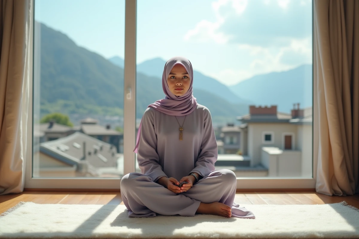 Femme musulmane en méditation avec un chapelet de prière près d'une fenêtre avec vue sur les montagnes de Grenoble