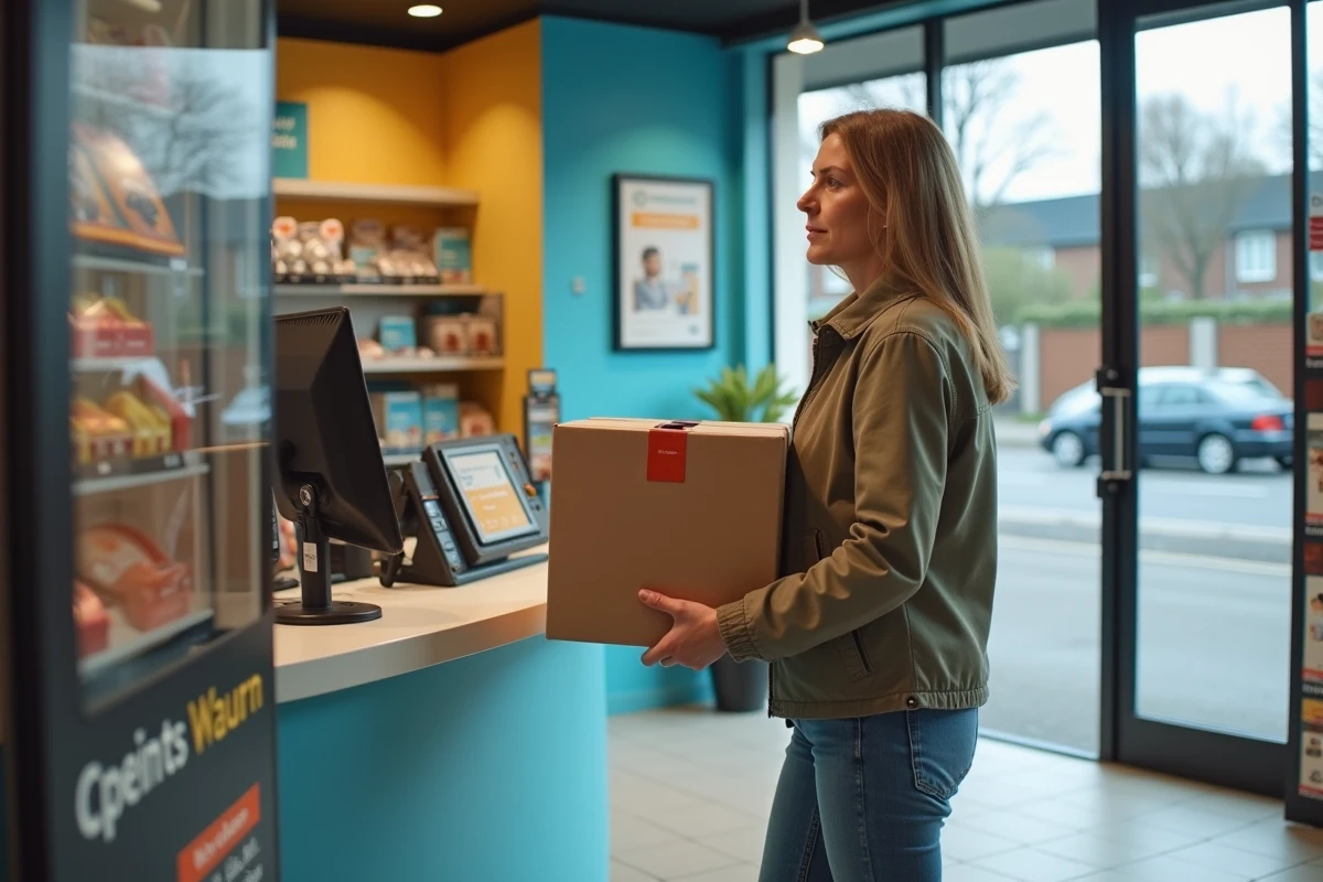 Femme en vêtements décontractés scanne un colis dans un point relais