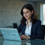 Technologie blockchain : définition, fonctionnement et applications Femme professionnelle travaillant sur un diagramme blockchain