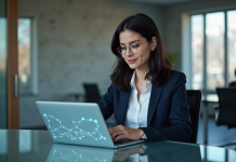 Femme professionnelle travaillant sur un diagramme blockchain