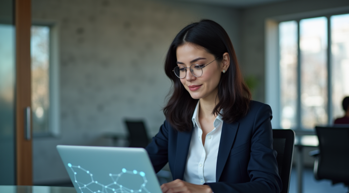Femme professionnelle travaillant sur un diagramme blockchain
