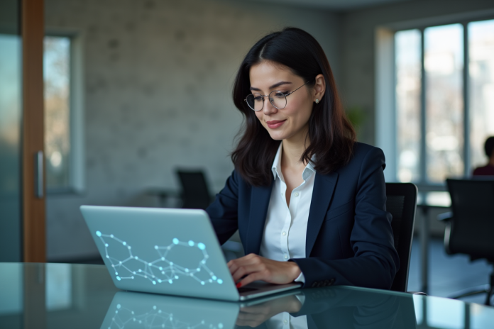 Femme professionnelle travaillant sur un diagramme blockchain