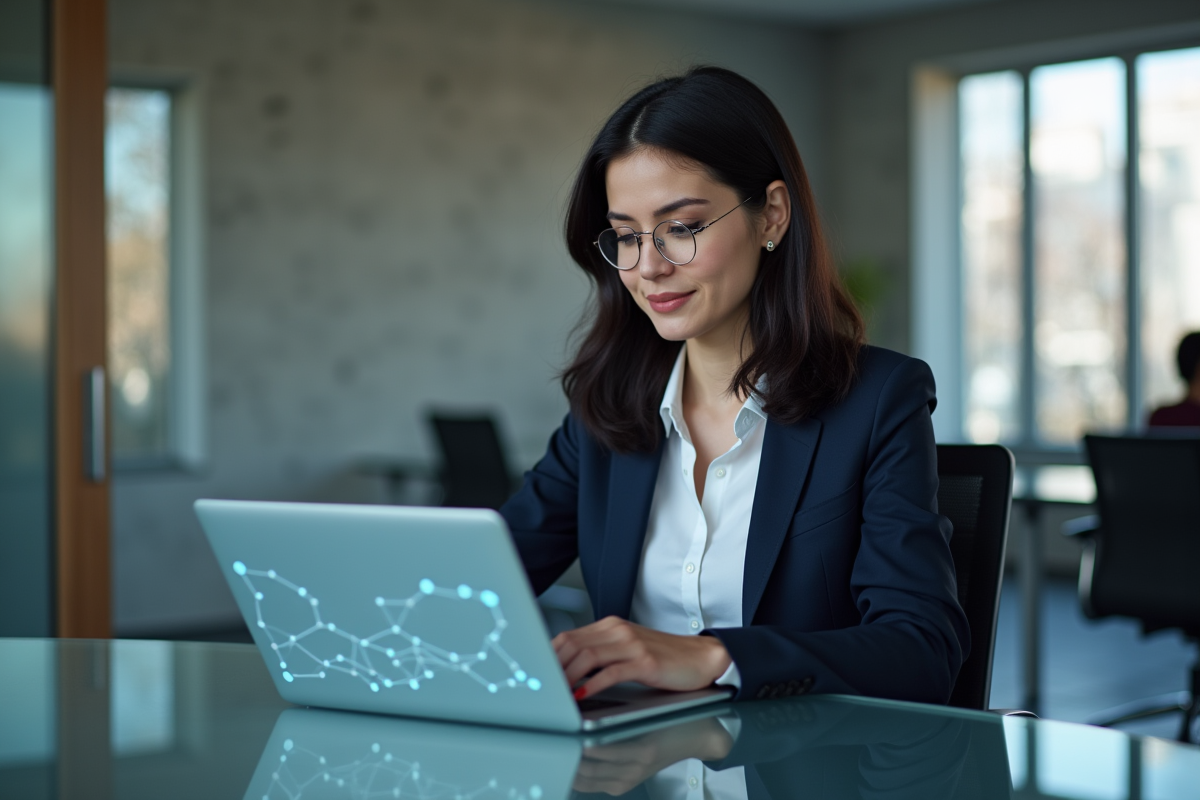 Femme professionnelle travaillant sur un diagramme blockchain