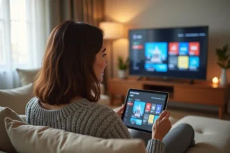 Femme consultant le programme Télé Z sur une tablette dans son salon moderne