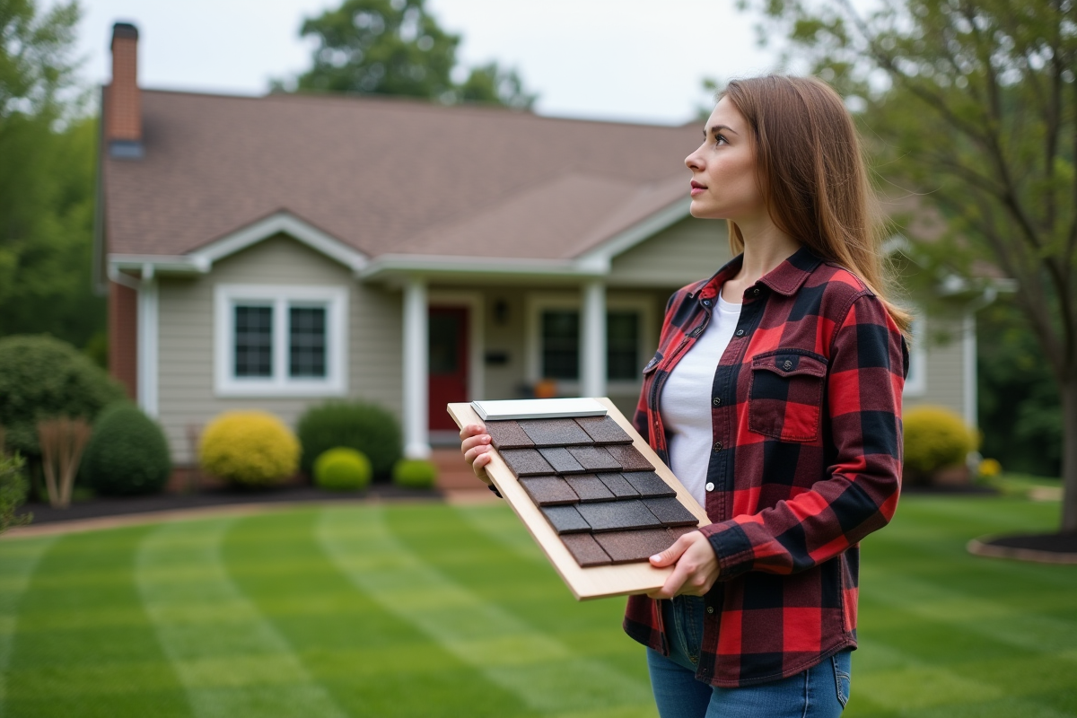 Femme regardant des échantillons de toiture dans le jardin