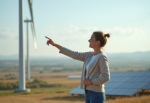 Femme debout près d'éolienne et panneaux solaires en extérieur