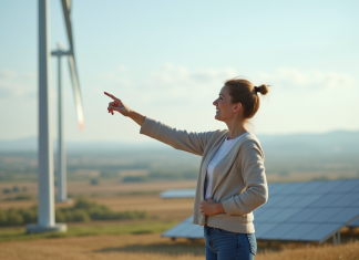 Différence entre énergie renouvelable et énergie verte : comparaison claire Femme debout près d'éolienne et panneaux solaires en extérieur