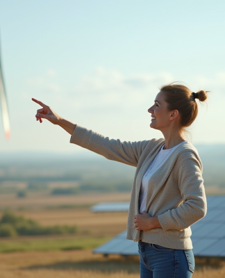 Femme debout près d'éolienne et panneaux solaires en extérieur