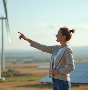 Différence entre énergie renouvelable et énergie verte : comparaison claire Femme debout près d'éolienne et panneaux solaires en extérieur