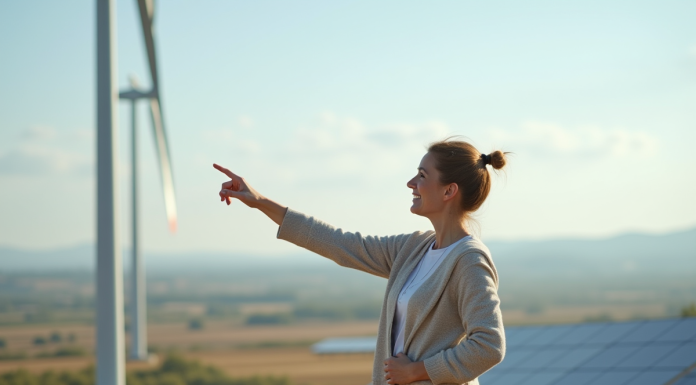 Femme debout près d'éolienne et panneaux solaires en extérieur