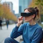 Sont sûres les lunettes AR ? Quels avantages et risques ? Femme avec lunettes AR dans un parc urbain en extérieur