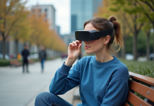Sont sûres les lunettes AR ? Quels avantages et risques ? Femme avec lunettes AR dans un parc urbain en extérieur