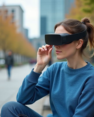 Femme avec lunettes AR dans un parc urbain en extérieur