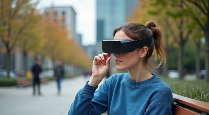 Femme avec lunettes AR dans un parc urbain en extérieur
