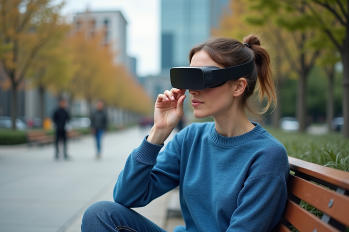 femme-reseaux-augmentes-par-visuel Femme avec lunettes AR dans un parc urbain en extérieur