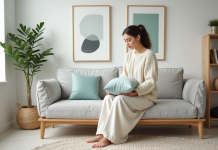 Meilleures couleurs style scandinave : conseils pour une déco réussie Jeune femme dans un salon scandinave cosy arrangeant un coussin bleu pastel