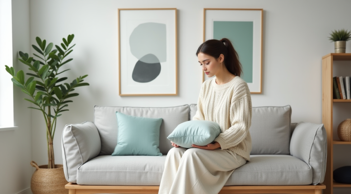 Jeune femme dans un salon scandinave cosy arrangeant un coussin bleu pastel