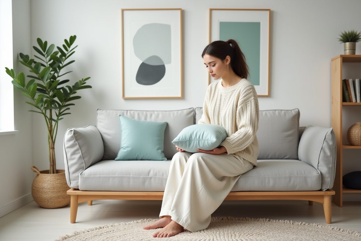 Jeune femme dans un salon scandinave cosy arrangeant un coussin bleu pastel
