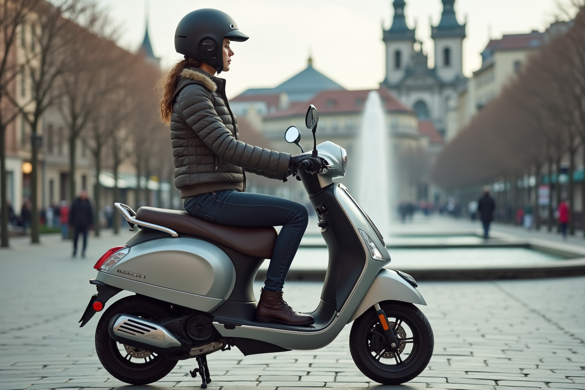 Une femme sur un scooter 50cc dans une place urbaine