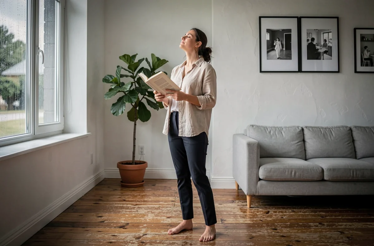 Femme en blouse de lin tenant un livre les yeux fermés devant une fenêtre pluvieuse, évoquant la quête de sérénité et d'acceptation inspirée de la philosophie de Schopenhauer