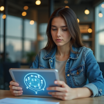 Jeune femme en bureau utilisant une tablette blockchain