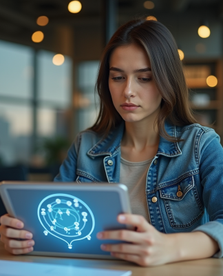 Jeune femme en bureau utilisant une tablette blockchain