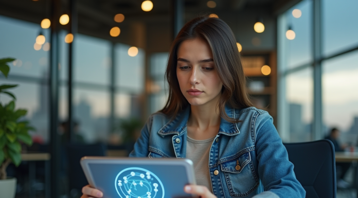Jeune femme en bureau utilisant une tablette blockchain