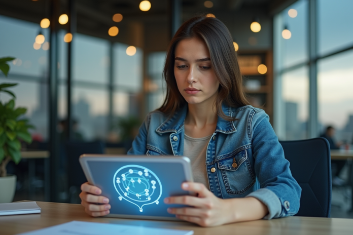 femme-tablette-blockchain Jeune femme en bureau utilisant une tablette blockchain
