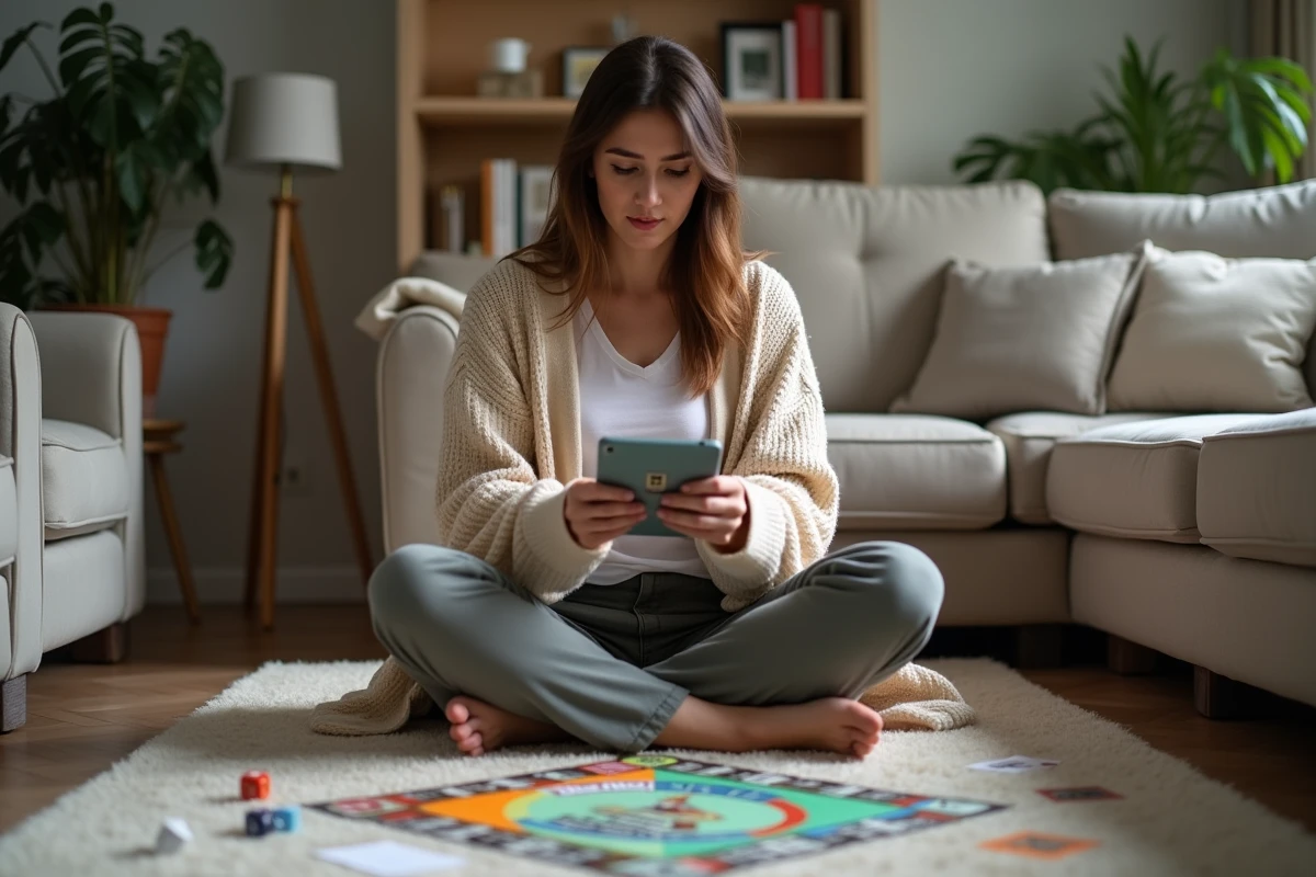 Femme examinant une tablette dans le salon avec jeux de société