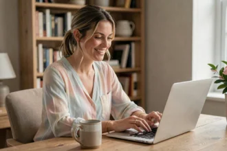 Femme souriante utilisant un tchat en ligne sur son ordinateur portable dans un bureau à domicile chaleureux