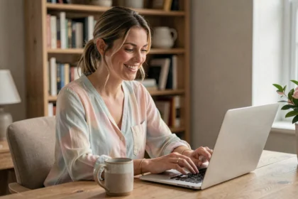 Femme souriante utilisant un tchat en ligne sur son ordinateur portable dans un bureau à domicile chaleureux