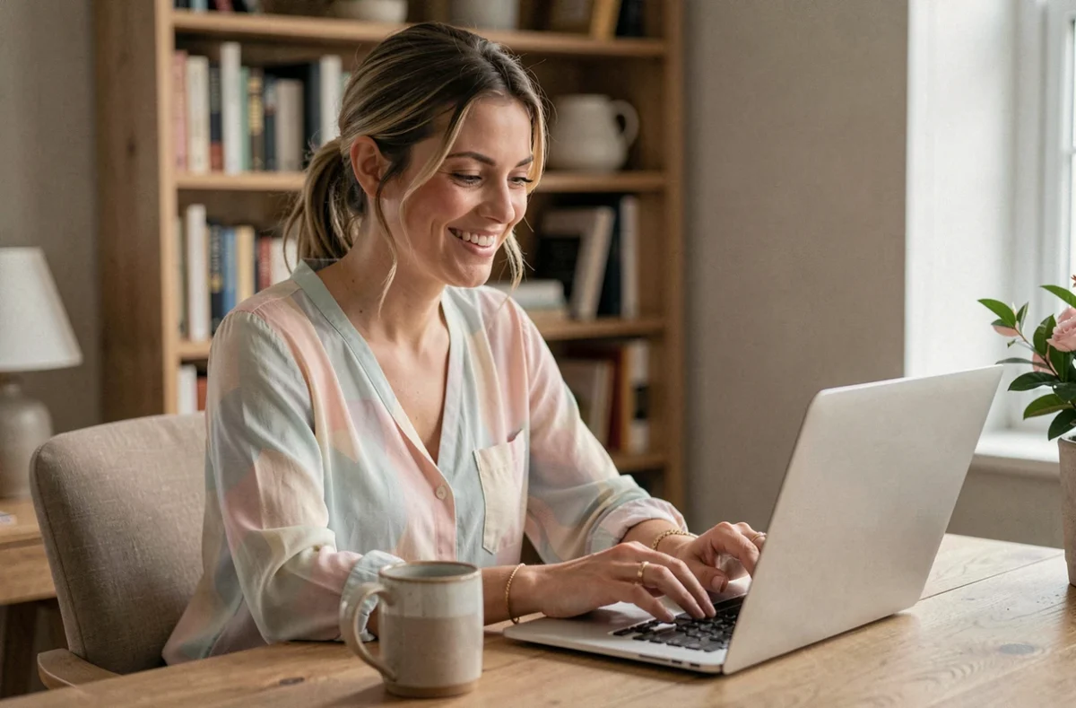 Femme souriante utilisant un tchat en ligne sur son ordinateur portable dans un bureau à domicile chaleureux