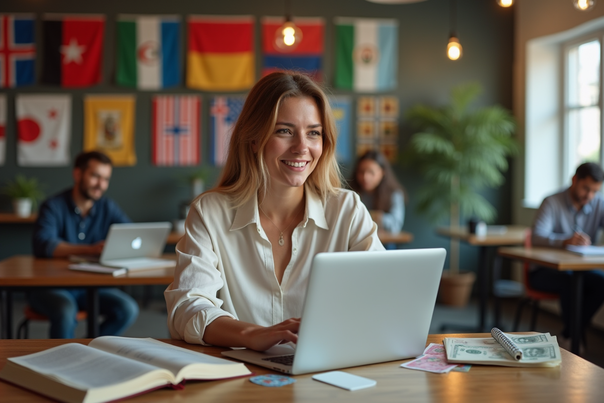 Jeune femme dans un espace de coworking international