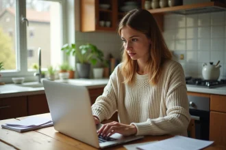Femme concentrée travaillant sur son ordinateur dans la cuisine