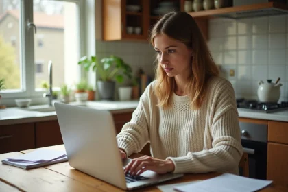 Femme concentrée travaillant sur son ordinateur dans la cuisine