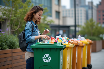 Femme triant des déchets recyclables dans une station urbaine