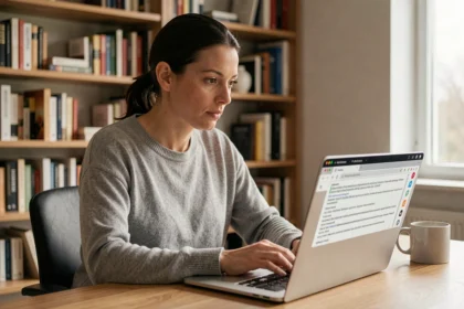 Femme consultant un site de streaming sur un ordinateur portable avec une URL complexe visible dans la barre d'adresse
