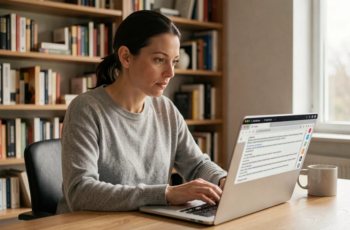 Femme consultant un site de streaming sur un ordinateur portable avec une URL complexe visible dans la barre d'adresse