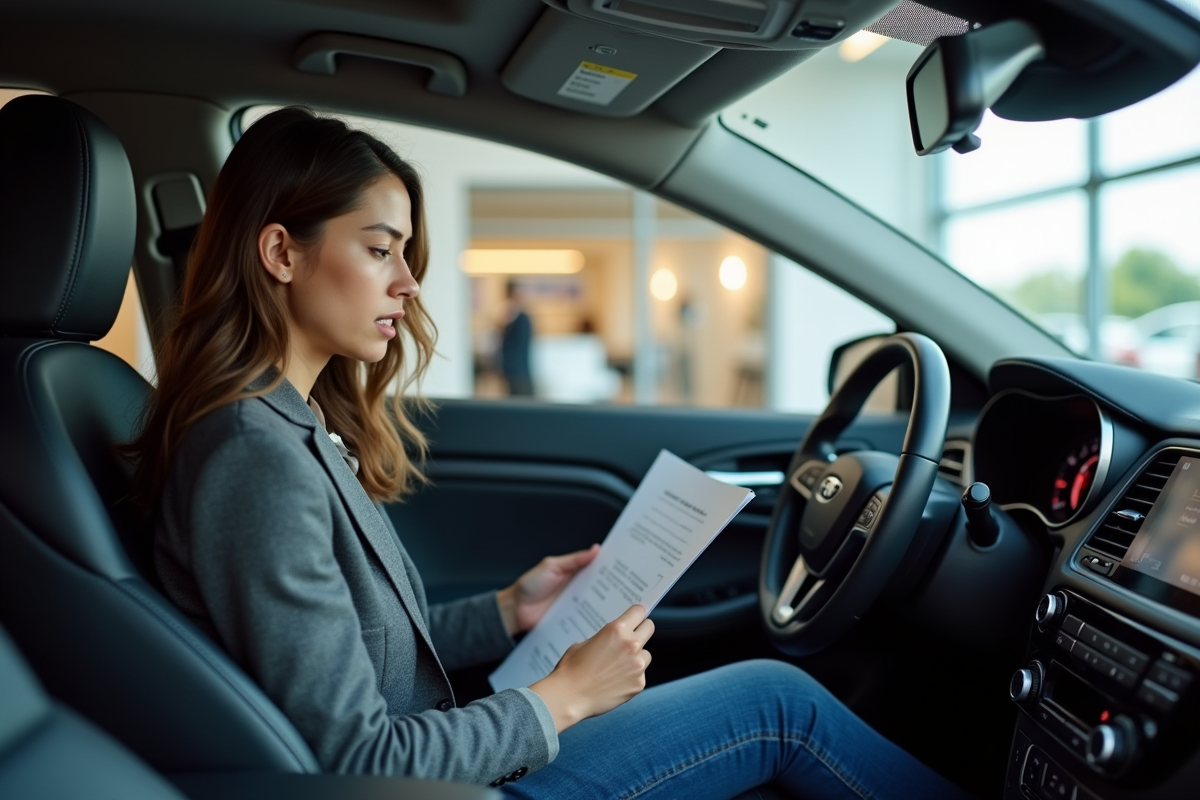 Jeune femme examinant un véhicule d