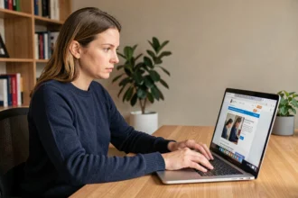 Femme vérifiant l'accès à un site web sur son ordinateur portable dans un bureau à domicile organisé