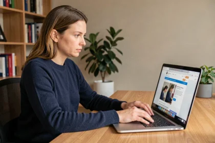 Femme vérifiant l'accès à un site web sur son ordinateur portable dans un bureau à domicile organisé