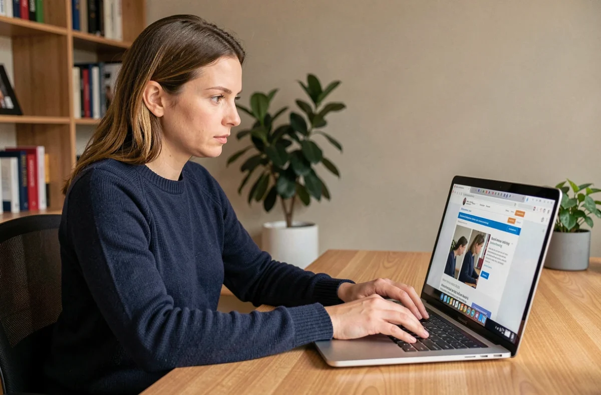 Femme vérifiant l'accès à un site web sur son ordinateur portable dans un bureau à domicile organisé