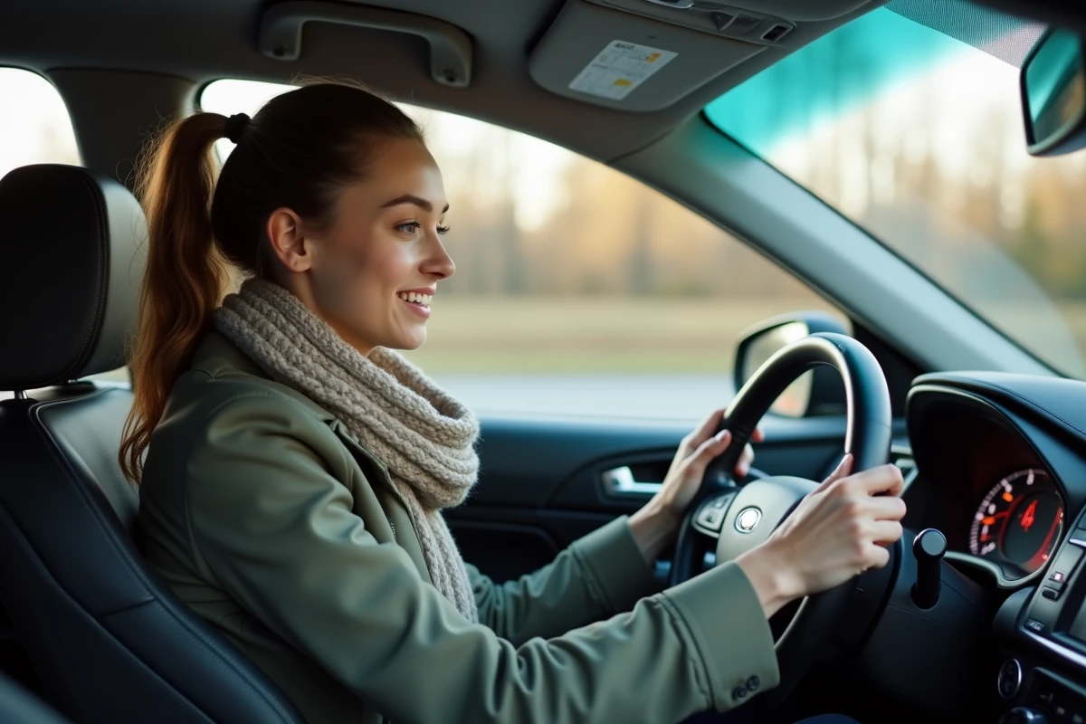 Jeune femme examinant le tableau de bord d