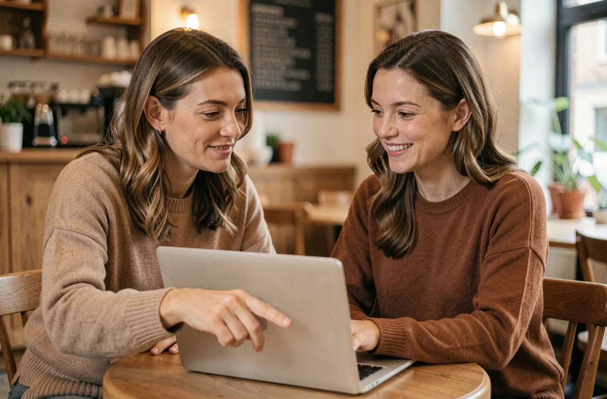 Deux femmes découvrant ensemble le tchat Chérie FM sur un ordinateur portable dans un café