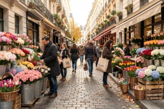 Vue d'ensemble d'un marché de fleuristes animé dans le Val-de-Marne, avec des étals colorés débordant de fleurs de saison