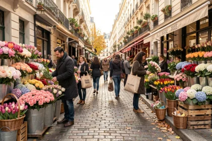 Vue d'ensemble d'un marché de fleuristes animé dans le Val-de-Marne, avec des étals colorés débordant de fleurs de saison